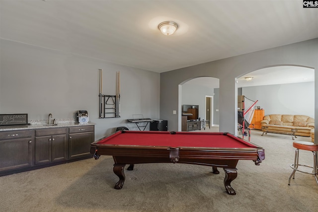 recreation room with light colored carpet and pool table