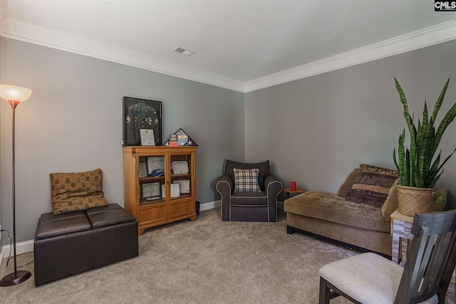 carpeted living room featuring crown molding