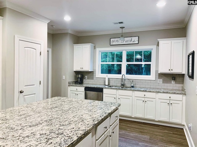 kitchen featuring white cabinets, backsplash, dishwasher, and sink