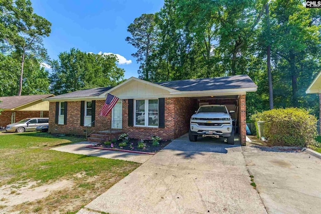 ranch-style home with a front lawn and a carport