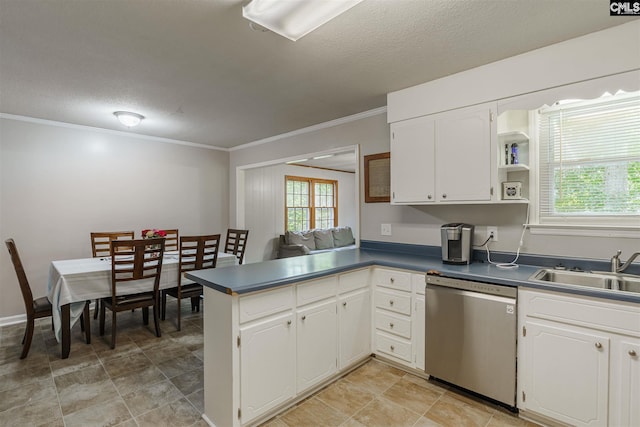 kitchen with light tile floors, dishwasher, sink, kitchen peninsula, and white cabinets