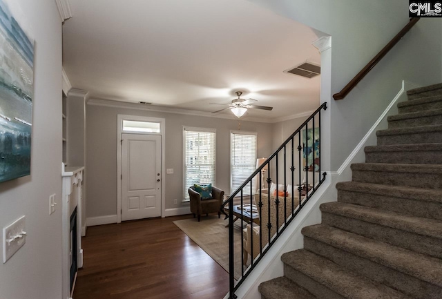 entrance foyer featuring ceiling fan, crown molding, and dark hardwood / wood-style floors