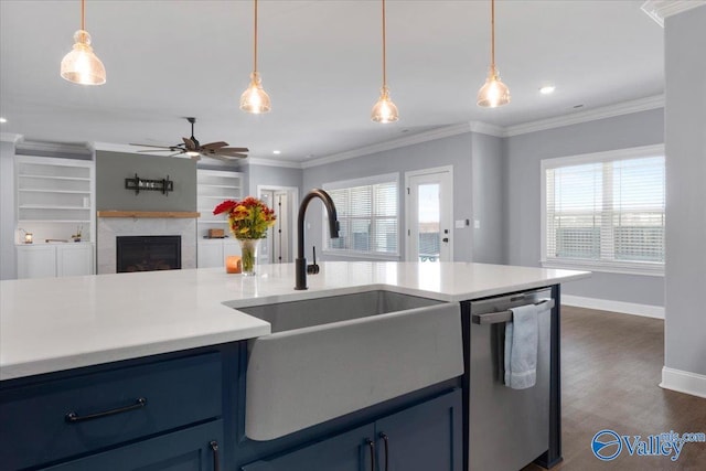 kitchen with blue cabinets, stainless steel dishwasher, a wealth of natural light, and sink