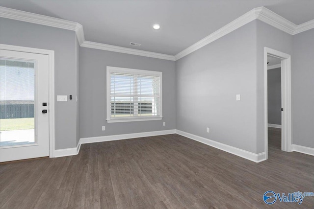 interior space with crown molding and dark hardwood / wood-style floors