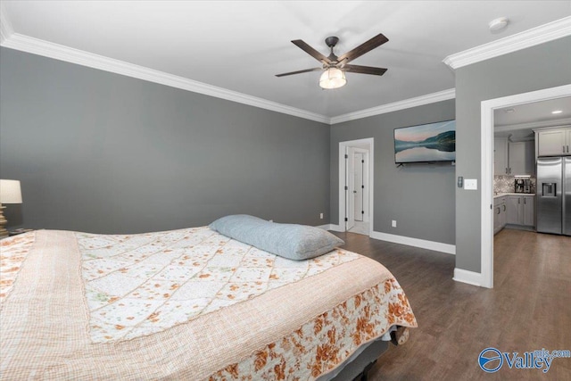 bedroom with ensuite bath, ornamental molding, ceiling fan, dark wood-type flooring, and stainless steel fridge with ice dispenser