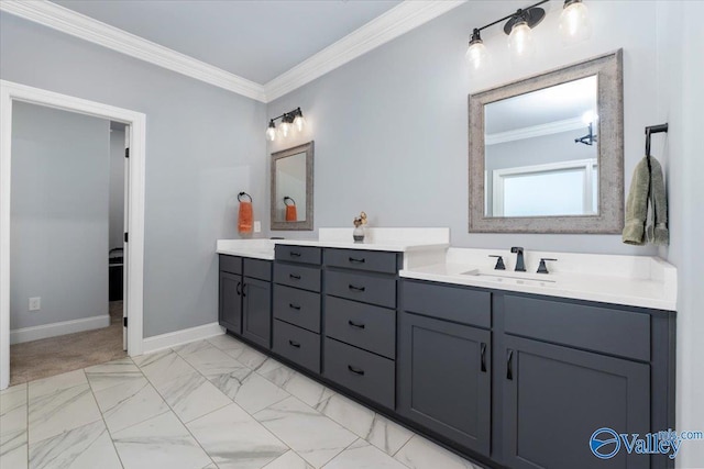 bathroom with vanity and crown molding