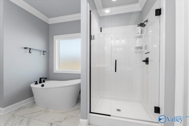 bathroom featuring separate shower and tub and crown molding