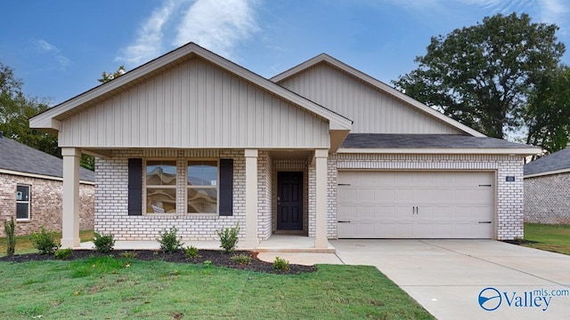 ranch-style house with brick siding, a porch, concrete driveway, and an attached garage