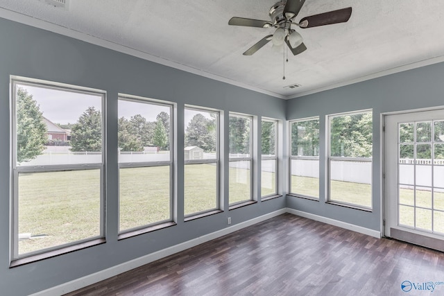 11228 Stewart Rd, Tanner, AL 35671 - unfurnished sunroom featuring wood finished floors, ceiling fan, baseboards, and crown molding