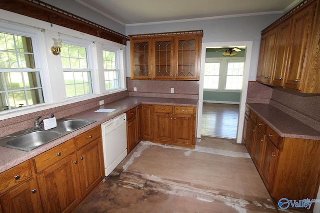 kitchen featuring backsplash, white dishwasher, crown molding, decorative light fixtures, and sink