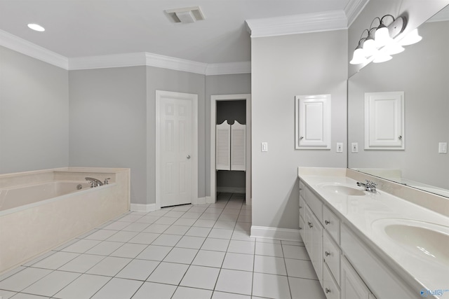 bathroom with a sink, ornamental molding, tile patterned flooring, and visible vents