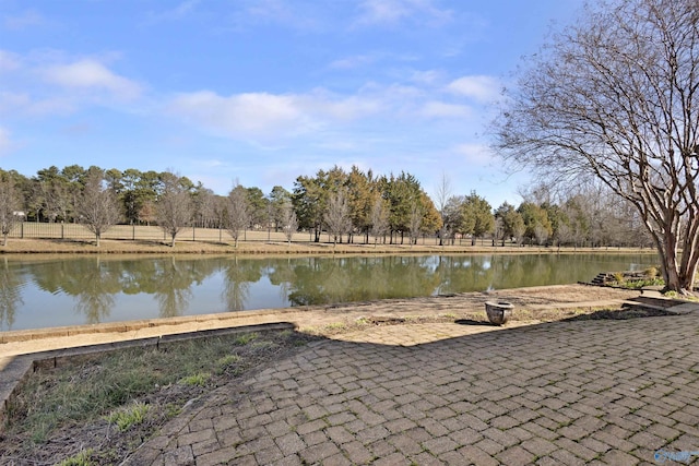 exterior space with a water view