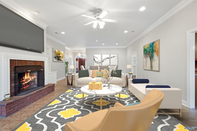 living area with crown molding, recessed lighting, a ceiling fan, a brick fireplace, and baseboards