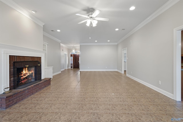 unfurnished living room with baseboards, a ceiling fan, crown molding, a brick fireplace, and recessed lighting