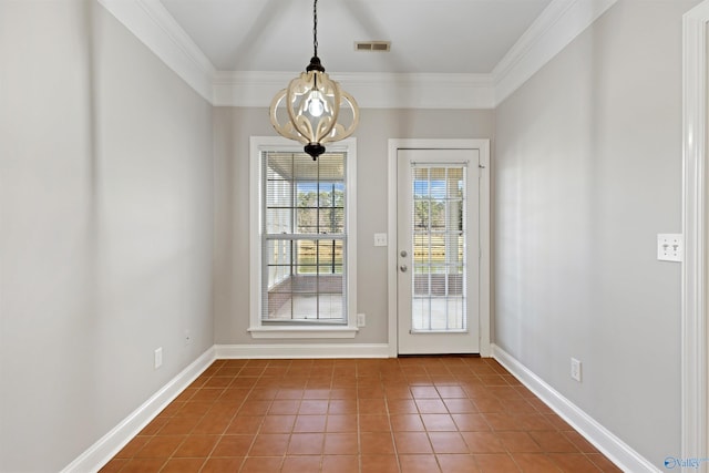 doorway with baseboards, dark tile patterned floors, visible vents, and a notable chandelier