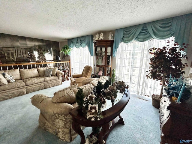 living room featuring a wealth of natural light, a textured ceiling, and carpet flooring