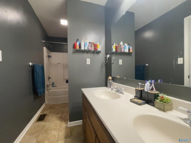 bathroom featuring shower / tub combination, tile patterned flooring, and vanity