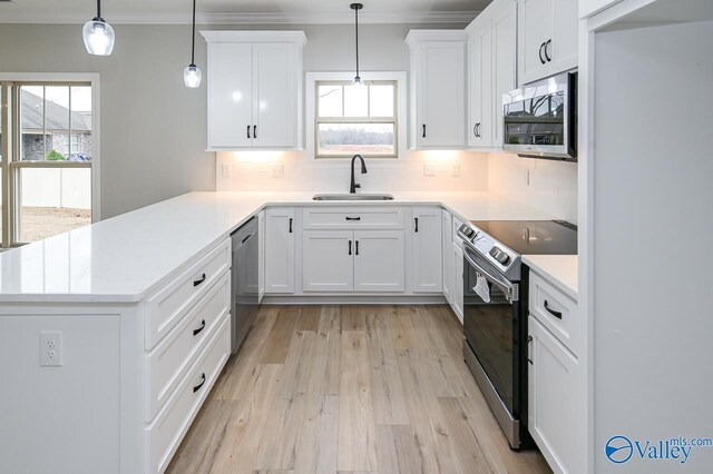 kitchen featuring decorative light fixtures, stainless steel appliances, sink, light hardwood / wood-style flooring, and backsplash