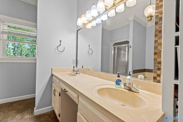 bathroom featuring crown molding, vanity, and separate shower and tub