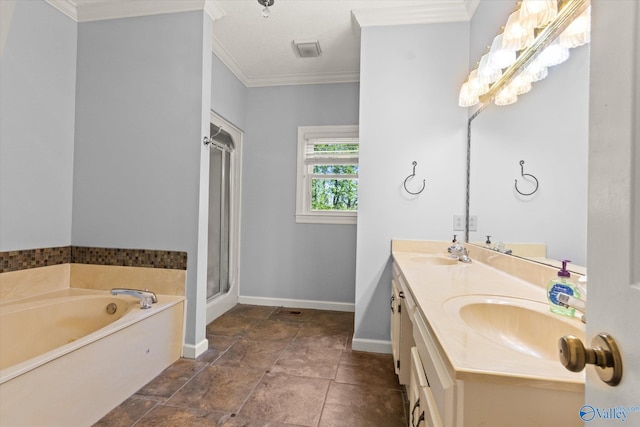 bathroom with crown molding, vanity, and shower with separate bathtub