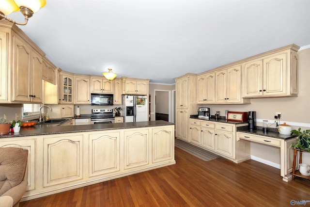 16904 Linton Rd, Athens, AL 35613 - kitchen featuring stainless steel electric stove, black microwave, white fridge with ice dispenser, a sink, and dark countertops