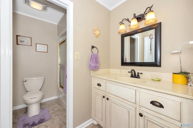 16904 Linton Rd, Athens, AL 35613 - full bath with crown molding, vanity, toilet, baseboards, and shower / bath combination with glass door