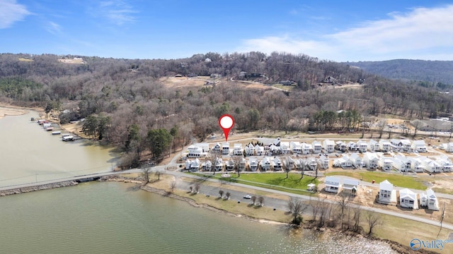 drone / aerial view featuring a residential view, a water view, and a view of trees