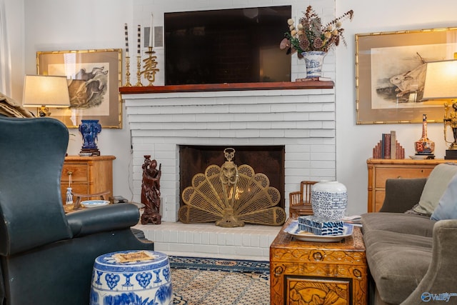 living room with a fireplace