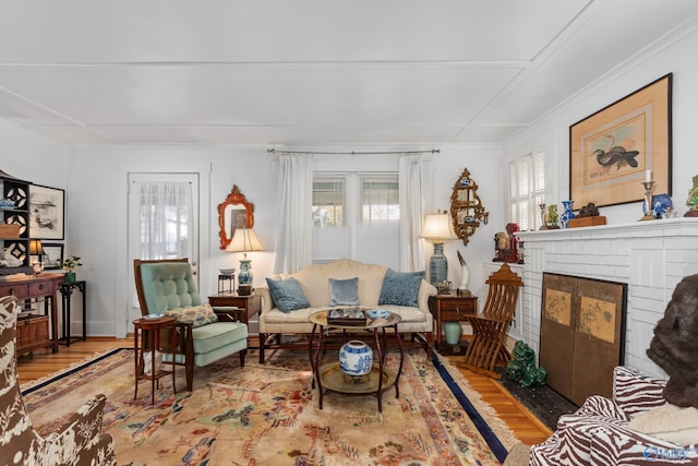 living room featuring a fireplace, light hardwood / wood-style flooring, and a healthy amount of sunlight