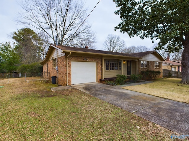 single story home with a garage and a front yard