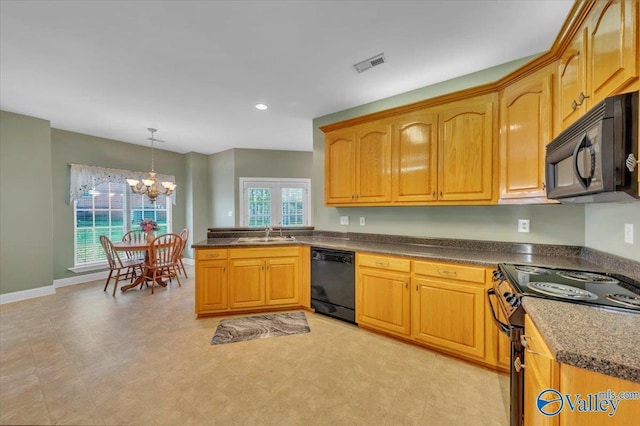 147 Singletree Dr, Hazel Green, AL 35750 - kitchen featuring a sink, black appliances, a chandelier, and dark countertops