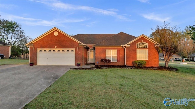 147 Singletree Dr, Hazel Green, AL 35750 - ranch-style home with a shingled roof, a garage, brick siding, a front lawn, and driveway