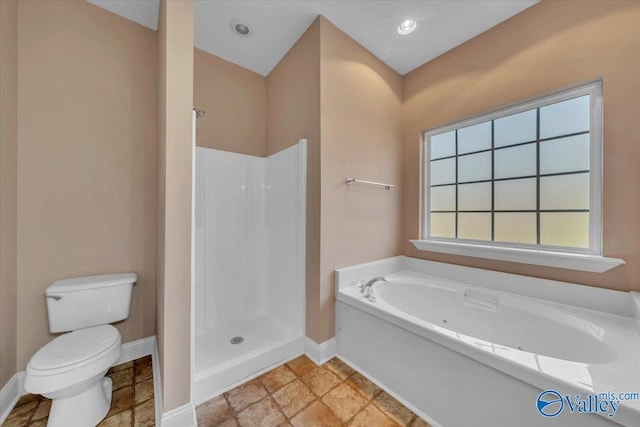 147 Singletree Dr, Hazel Green, AL 35750 - full bathroom featuring a garden tub, recessed lighting, toilet, walk in shower, and baseboards