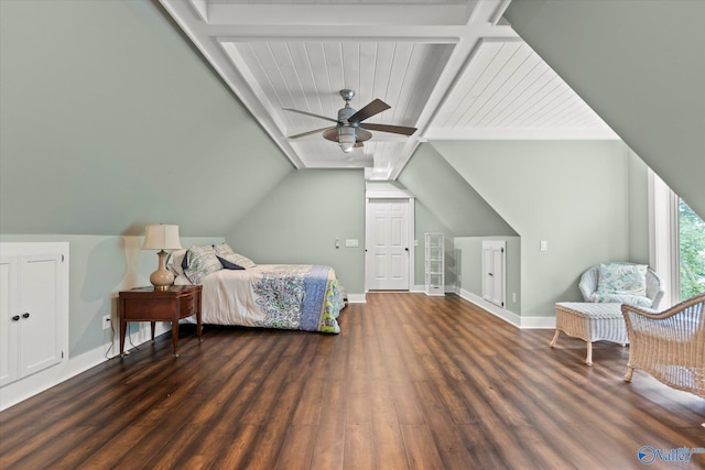 bedroom with dark hardwood / wood-style floors, vaulted ceiling with beams, and ceiling fan