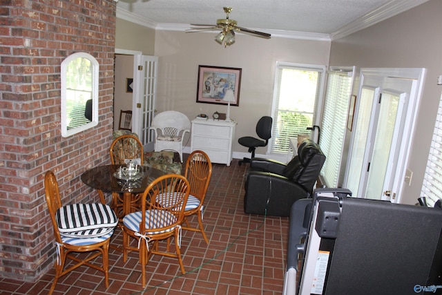 dining area with ornamental molding, ceiling fan, and a textured ceiling