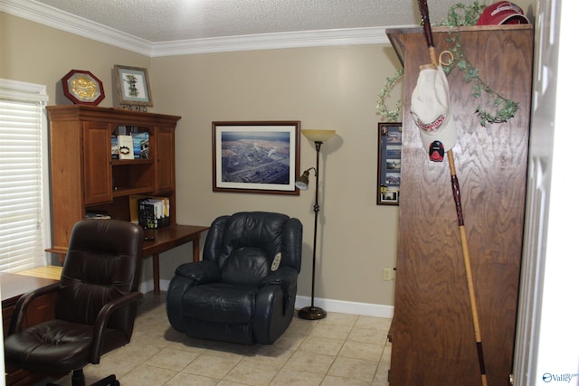 tiled office space featuring crown molding and a textured ceiling