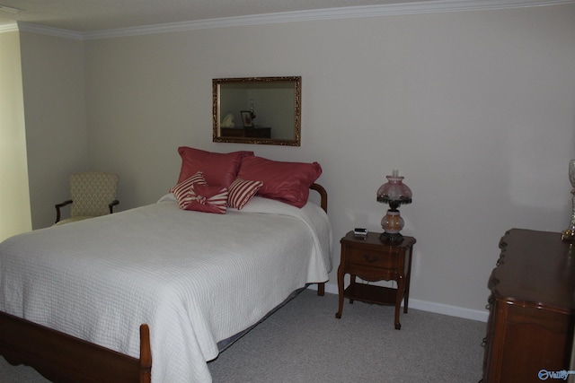 bedroom featuring ornamental molding and light carpet