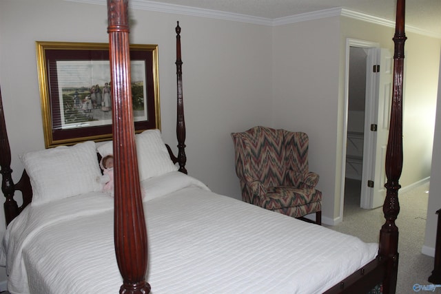 carpeted bedroom featuring crown molding