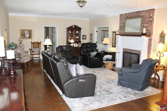 living room with a fireplace, dark hardwood / wood-style floors, and ornamental molding