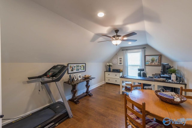 23276 Saint John Rd, Athens, AL 35613 - exercise room with baseboards, lofted ceiling, wood finished floors, and ceiling fan