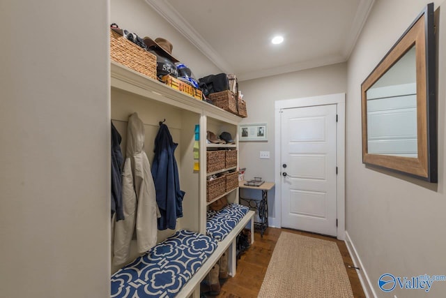 23276 Saint John Rd, Athens, AL 35613 - mudroom with dark wood-style flooring, ornamental molding, baseboards, and recessed lighting