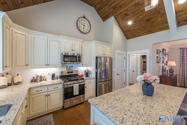 23276 Saint John Rd, Athens, AL 35613 - kitchen with dark wood-type flooring, backsplash, wood ceiling, and appliances with stainless steel finishes