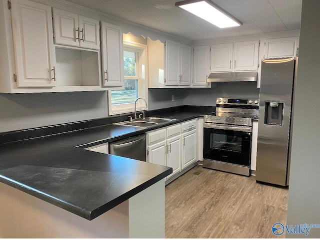 kitchen featuring appliances with stainless steel finishes, white cabinets, and kitchen peninsula