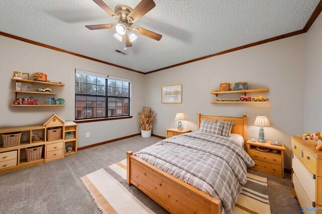 bedroom featuring ornamental molding, carpet, baseboards, a textured ceiling, and visible vents