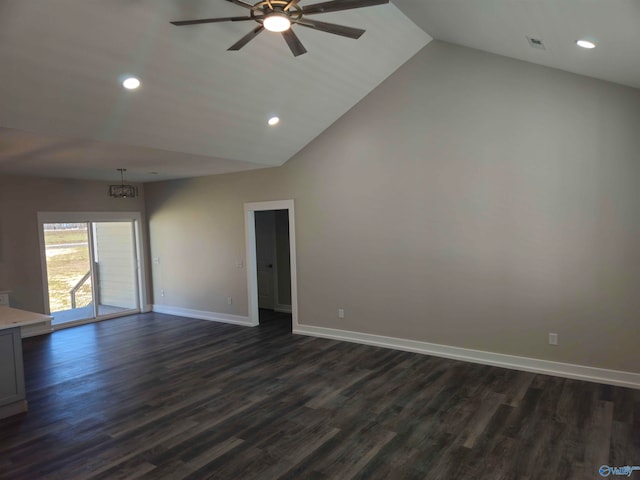 interior space with visible vents, dark wood finished floors, baseboards, and ceiling fan