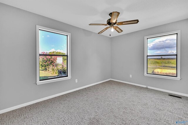 carpeted empty room with ceiling fan and a healthy amount of sunlight