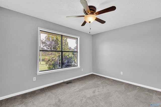 carpeted empty room featuring ceiling fan, a textured ceiling, and a healthy amount of sunlight