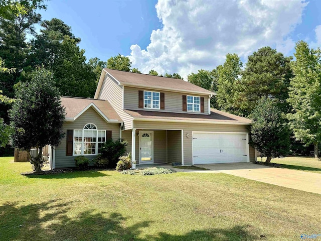 front of property with a garage and a front lawn