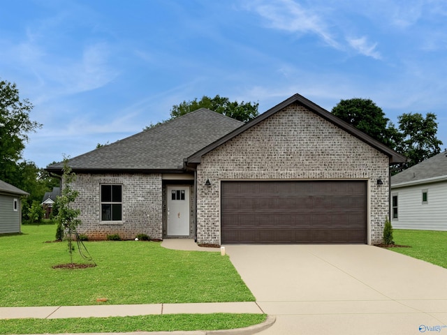 ranch-style house featuring a front yard, a shingled roof, concrete driveway, a garage, and brick siding