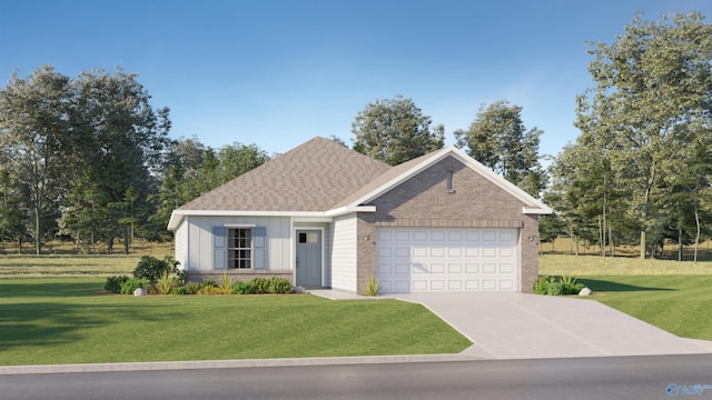 ranch-style home with a front lawn, an attached garage, brick siding, and driveway